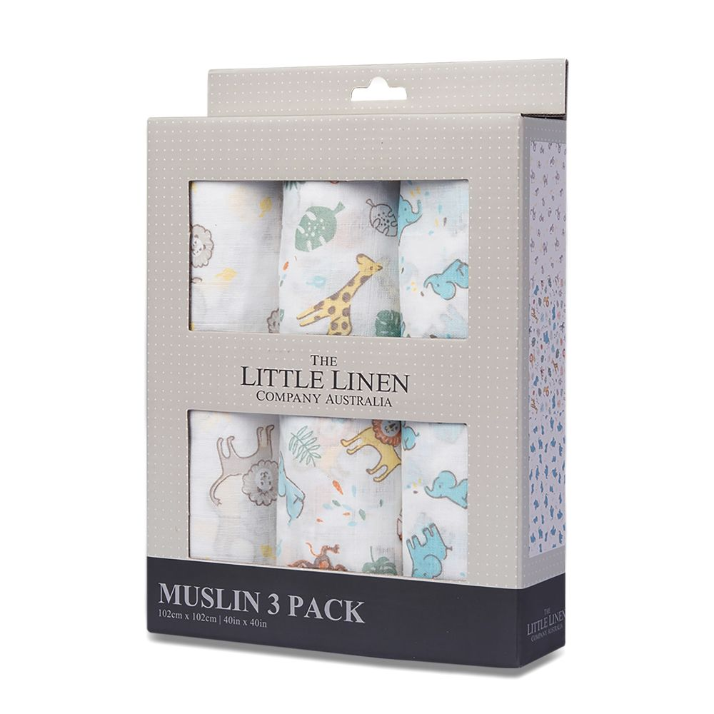 The Little Linen Co Muslin Wrap 3 Pack - Safari Bear (1)