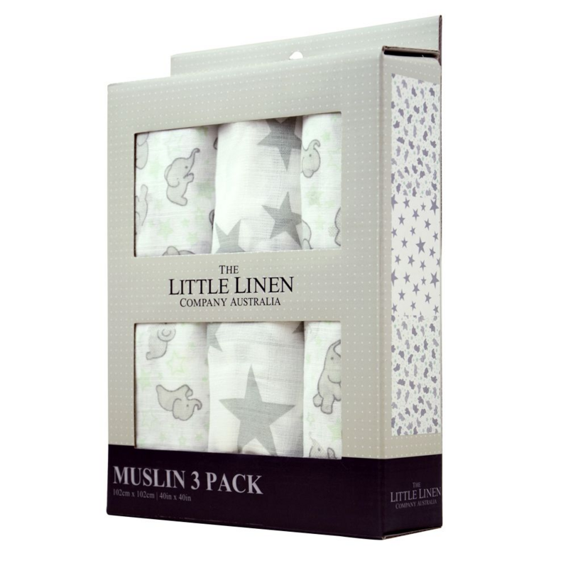 The Little Linen Co Muslin Wrap 3 Pack - Mint Elephant (1)