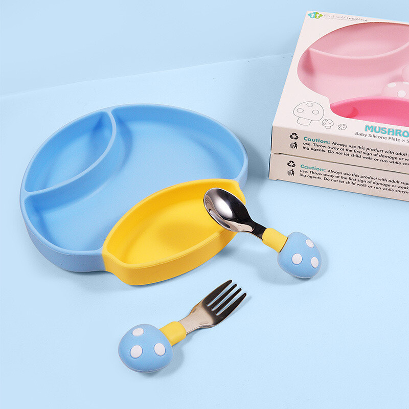 Babies Silicone Suction Mushroom Plate set with Fork and Spoon (2)